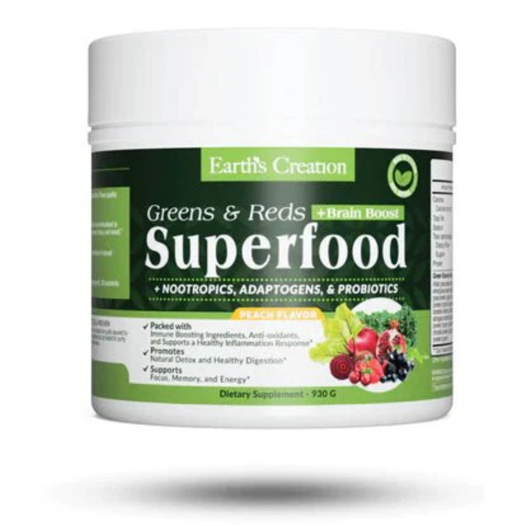 NEW * Earth's Creation Greens & Reds SuperFood + Brain Boost Peach Flavor