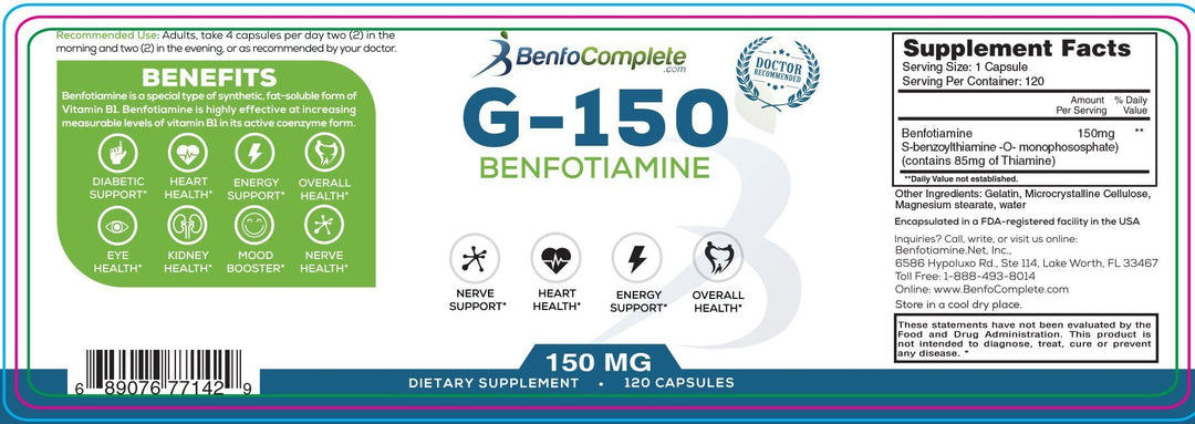 Vitamin Supplement For Diabetes - Benfotiamine 150mg 120 Gelatin Capsules Per Bottle - BenfoComplete